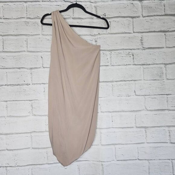 Ramy Brook Beige One Shoulder Mini Dress Bubble Hem 100% Silk Party - Picture 1 of 15